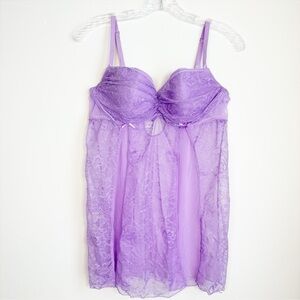 Frederick’s of Hollywood Lilac Lace Chemise with Mesh and Lace Paneled Skirt